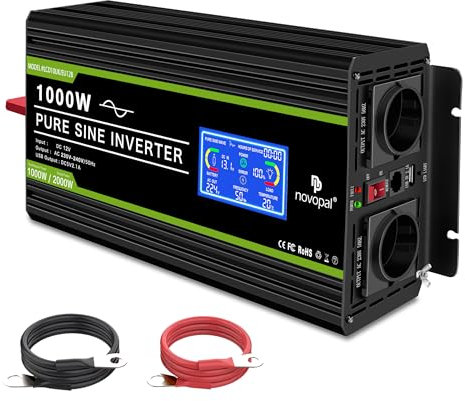 NOVOPAL Onda Sinusoidale Pura Power Inverter 1000W DC 12v in AC 220v con Display LCD Intelligente-2 EU Presa con Uscita USB and 5 Metri di Telecomandoper-Potenza di picco 2000W