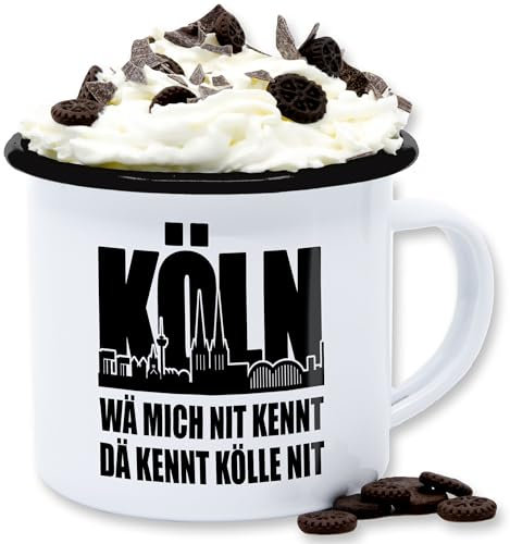 Emaille Tasse Blechtasse - Karneval & Fasching Tassen - Kölner Spruch - Wä mich nit kennt dä kennt Kölle nit - 300 ml - Weiß Schwarz - fasching- köln carnevale sprüche karnevals faschings