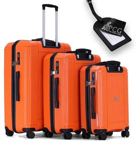 PCG THE HARD CASE Koffer Set [Orange 3-teilig] -Premium Hartschalenkoffer-mit TSA Schloss-4 Rollen-Leichter Reisekoffer- robust & stabil -Trolley mit Teleskoparm