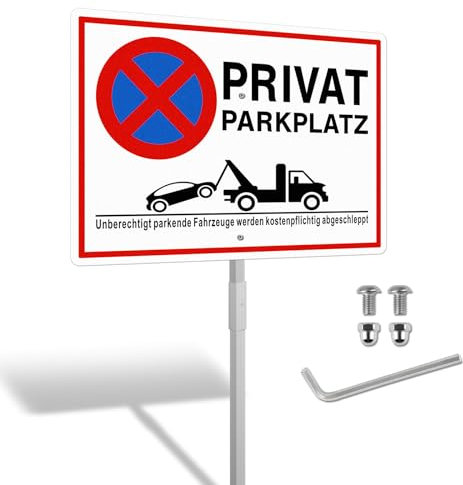 SINMAO Señal XL de aparcamiento privado con postes, metal, 25 x 35 cm, aluminio, reflectante, para prohibir el aparcamiento, con accesorios de montaje