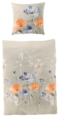 Bierbaum 2-teiliges Mako Satin Bettwäsche Set in 155x220 + 80x80 cm Design 6971-03 kitt beige Mohnblumen