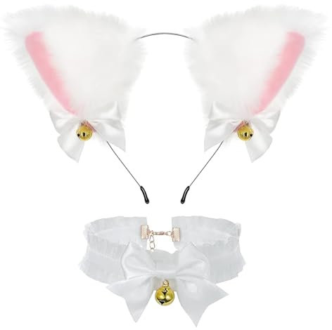 GUOYOU Katze Cosplay Set mit Glöckchen Halskette, Katzenkostüm Damen Haarreif, Katzenohren Stirnband für Karneval, Niedlich Cat Ears Haarschmuck, für Karneval Fasching Motto Cosplay Party(Weiß)