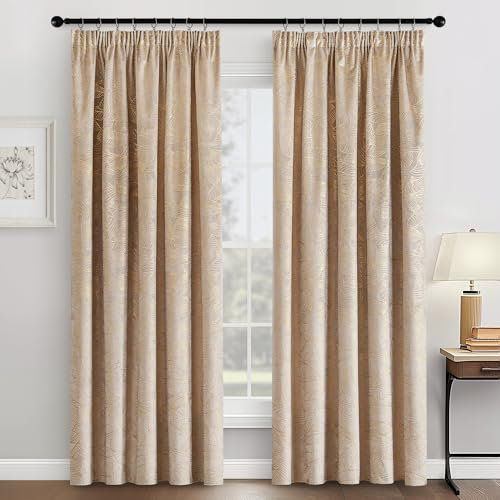MIULEE Samtvorhäng Kräuselband mit Blattgolddruck Verdunklungsvorhänge Samt Gardinen Blickdicht Abdunklungsvorhang Thermovorhang Wohnzimmer Schlafzimmer 2er Set, 140 x 245 cm, Beige