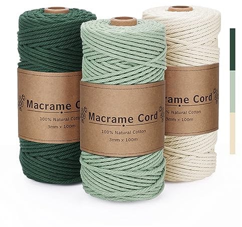 PUWOWYE 3 Stück Makramee Garn 3mm, Makramee Garn Set Grün, Makramee Baumwollgarn 3mm, Baumwollkordel Natur 3mm, Baumwoll Bastelschnur für Basteln Stricken Boho Deko DIY Handwerk, 3x100M