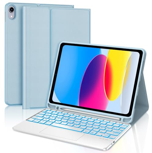 Clavier iPad 10/11ème Generation (10.9 Pouces 2022/11 Pouces A16 2025) avec Trackpad, Rétroéclairage 7 Couleurs, Étui Clavier Touchpad AZERTY sans Fil Bluetooth pour Pad 10eme/11eme, Bleu Ciel