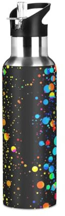 JUMBEAR Color Dots Wasserflasche mit Strohhalm-Deckel, 600 ml, vakuumisolierte Edelstahl-Wasserflaschen, auslaufsicher, Wasserflasche für Fitness, Sport, Outdoor, 623 ml