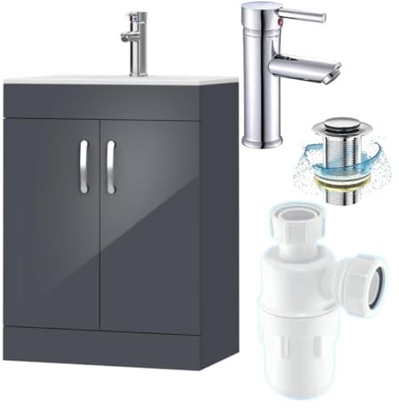 BELOFAY 600mm Under Sink Bathroom Cabinet Floor Standing Storage Cupboard Basin Vanity Unit, 600mm Laquered Cloakroom Vanity Unit with Basin, Trap and Waste, Tap not Included (New York Grey)