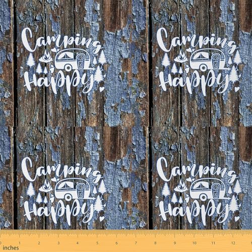 Happy Camping Patchwork Stoffe Cartoon Camping Auto Stoff 92x150cm RV Camping Stoff Meterware für Stühle Dekor Bauernhaus Anhänger Camper Vintage Holz Stoffpaket Dekor
