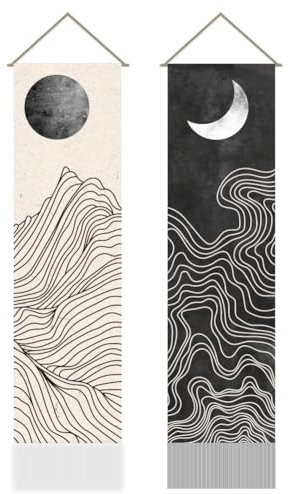AHANDMAKER 2 Stück Boho Line Wandteppich Mit Sonne Und Mond Schwarz Weißer Wandteppich Mit Sonne Und Mond Lang Vertikal Zum Aufhängen Minimalistischer Mit Quasten Für Zimmer (45.7x13)