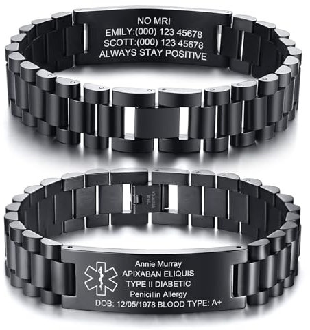 Gamtic Personalisierte Notfallarmband Medizinisches Armband - Verstellbare Edelstahl Armband mit Knebelverschluss, SOS ID Armband mit Gravur Krankheit Notrufnummer Armbänder für Herren (Schwarz)