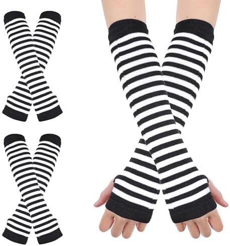 Gestreifte Armstulpen 2 Paar Armstulpen Schwarz Weiß Gestreift Fingerlose Handschuhe Lange Armwärmer Damen Dehnbar Handschuhe mit Daumenloch Über Langer Warm Winterhandschuhe Pulswärmer für Frauen