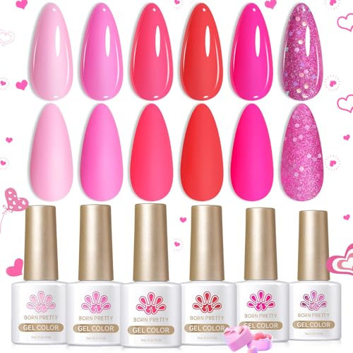 Born Pretty Smalto Semipermanente Unghie - Colore Rosa Smalto Semipermanente Gel per Unghie Arte Manicure Primavera e estate Nail Art 6PCS