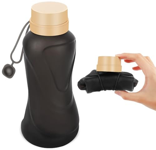 Bouteilles d'eau pliables, 650 ml, anti-fuite, réutilisables, en silicone sans BPA, durables et légères, pour voyage, gym, camping, randonnée, taille compacte (noir)