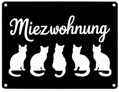 Miezwohnung Katzen Silhouetten Metallschild in 15x20 cm für Katzenfans lustiger Spruch als Geschenk für Katzenliebhaber