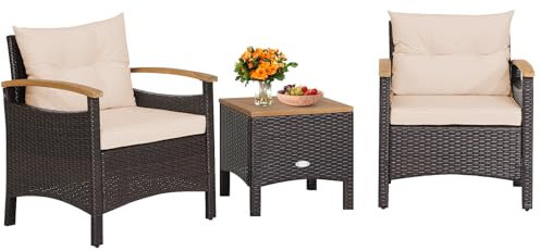 COSTWAY 3tlg. Rattan Gartenmöbel Set, Rattanmöbel mit 2 Sessel & 1 Beistelltisch, Gartenset mit Akazienholzplatte & Sitzkissen, Polyrattan Gartenlounge, Gartengarnitur Sitzgruppe Sitzgarnitur (Braun)