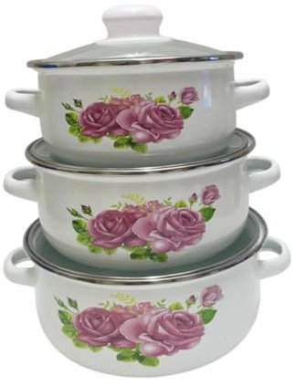 EHJRE Set of 3 Pumpkin Enamel Cooking Pots for Kitchen Use with Double Handles, White