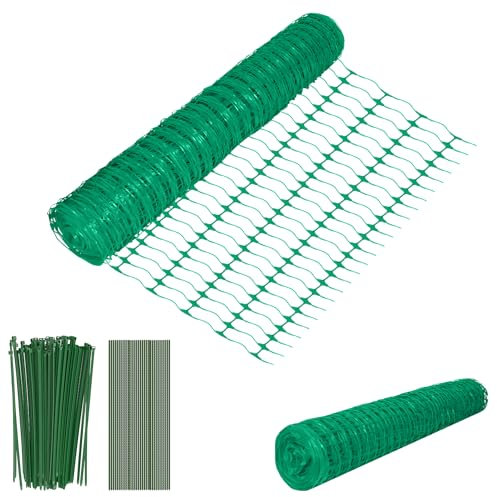 Froadp Weidezaun 1 m x 50 m Hühnerzaun mit Bodennägeln & Bändern Absperrzaun Schutznetz aus Kunststoff Mobiler Zaun Multifunktionale Begrenzungszaun Schafzaun Hundezaun Geflügelnetz Bauzaun (Grün)