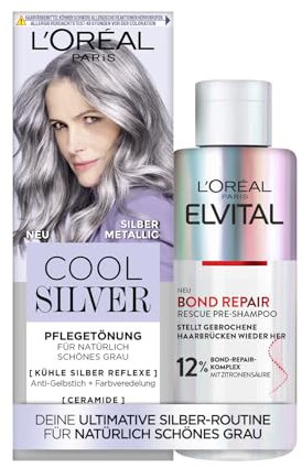 L'Oréal Paris Silber-Haar-Routine: Cool Silver, Farbe: Silver Metallic & Elvital Bond Repair Pre-Shampoo, Farbveredelung & Tiefenreparatur