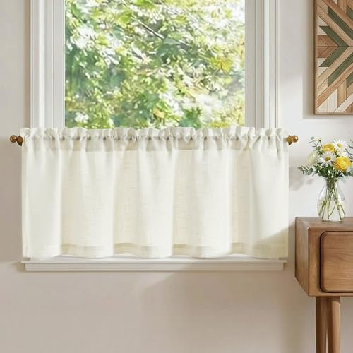 TOPICK Scheibengardinen Bistrogardine Küchengardinen 1 Stück H40xB125 Weiß | Blickdicht Scheibengardinen modern Wohnzimmer Leinenoptik Gardine für Küchenfenster kurz Vorhänge Landhausstil Küchenvorhänge