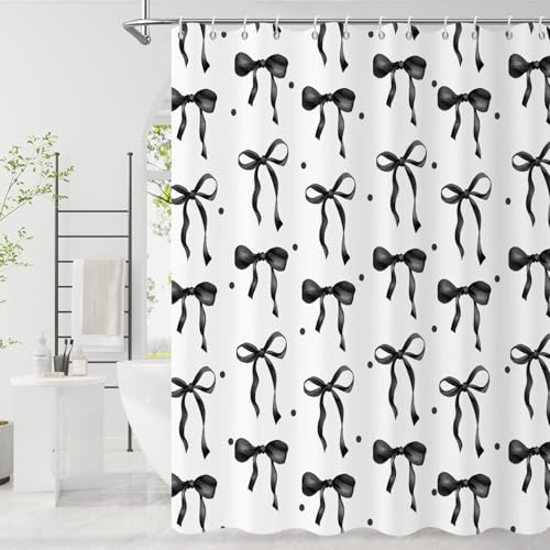 GCIREC Shower Curtain, 180x200cm, Black Cute Aesthetic Bowknot Bows Waterproof Fabric Machine Washable Bathroom Curtain with Hooks
