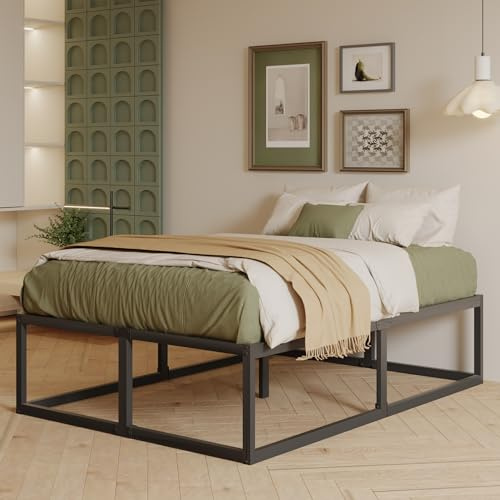 EMODA Double Bed Frame 135x190 cm with Sturdy Slats Support, Black | 46 cm High Heavy Duty Metal 4ft6 Double Bed Frame, Large Underbed Storage, Noise Free, Easy Assembly