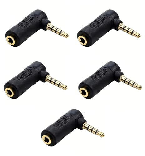 5 Piezas Adaptador Audio Jack 3.5 mm Macho a Hembra con Ángulo Recto de 90 Grados, Conector Jack Estéreo TRS de 4 Pines para Extensión de Audio Estéreo Adaptador Compacto para Auriculares Altavoces