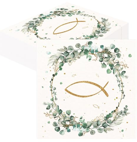 80 Stück Servietten Taufe - Taufdeko Junge Mädchen, Eukalyptus Servietten Konfirmation, Firmung Deko, Papierservietten Fisch für Taufe, Kommunion
