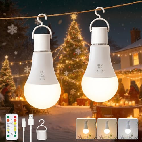 Ketom E27 Rechargeable Light Bulb with Remote, Battery Light Bulb for Lamp | 7W USB Rechargeable Bulbs for Lamps, with Timing, 3 Color Temperatures Dimmable Button Control, 2 Pack