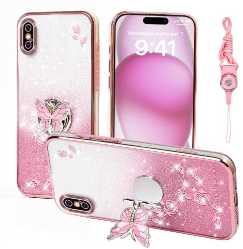 GHTUGHN For Apple iPhone XS Max (6.5 inch) Mobile Phone Case for Women and Girls, Glitter Butterfly Flower TPU Protective Case with Stand + Strap Case Cover for iPhone XS Max (Pink)
