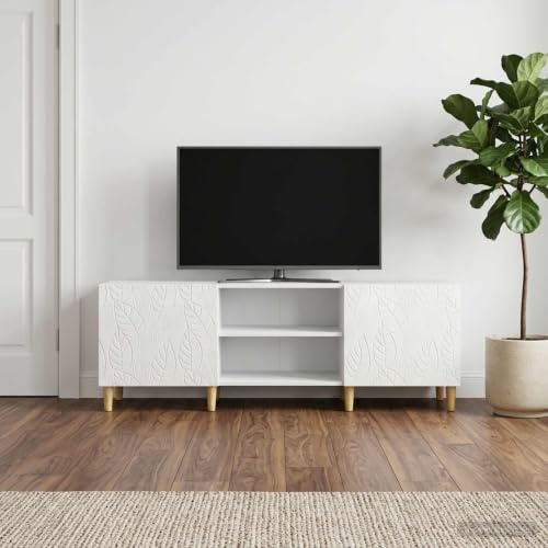 Boltkex Meuble TV blanc brillant en bois 150 x 31 x 50 cm avec 2 portes, pieds en eucalyptus, banc TV vintage pour rangement de salon