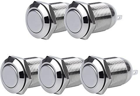 Larcele 12mm Wasserdicht Momentan Push Button Metall Mini Drücken Taster Druckknöpfe 5 Stücke JSANKG-01 (Flachkopf)