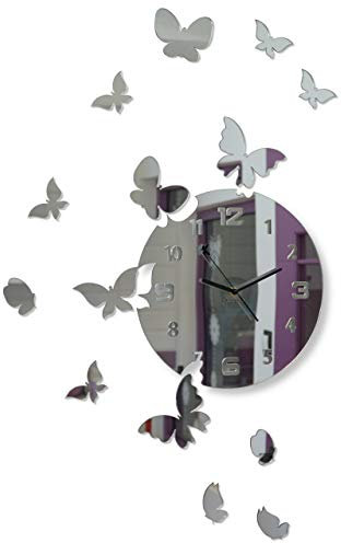 FLEXISTYLE Große Moderne Wanduhr Schmetterling rund 30cm, 15 Schmetterlinge, Wohnzimmer, Schlafzimmer, Kinderzimmer, Produkt in der EU hergestellt (Spiegel)