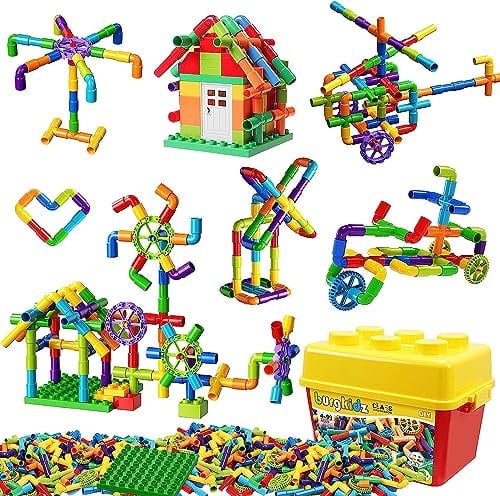 burgkidz Jouets de Tube de Tuyau, 188 pièces Blocs de Construction Classiques Assemblage de Jouets avec Roues et Plaque de Base, Cadeau éducatif d'apprentissage Créatif pour Enfants