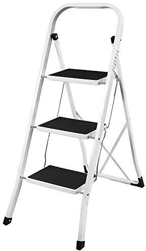 3 Step Folding Portable Step Ladder Lightweight Compact Steel Ladder Easy Storage Anti Slip Rubber Mat Ideal for Home/Kitchen/Office/DIY