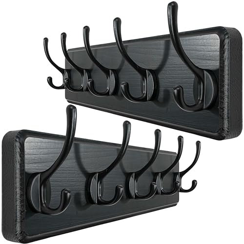 WEBI Porte Manteau Mural Bois,Patère Murale,Bois Massif Porte Manteau Salle De Bain,5 Crochets pour Manteaux Veste,Noir,Lot de 2