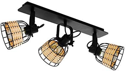 EGLO Deckenlampe Anwick 1, 3 flammige Deckenleuchte Vintage, Boho, Deckenstrahler aus Stahl und Rattan, Wohnzimmerlampe in Schwarz, Natur, Küchenlampe, Spots mit E27 Fassung