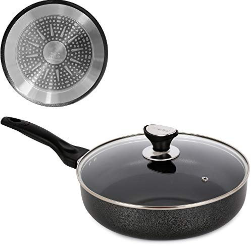Essentials2publik Non Stick Aluminium Frying Pan Frypan with Glass Lid - Induction Base Aluminum Alloy and Scratch Resistant Body - Riveted Handle - Dishwasher Friendly (28 cm)