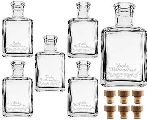 gouveo 6er Set 250 ml Glasflaschen Cube mit Gravur Frohe Weihnachten -klein- und Korken (HGK) - Leere Flaschen für Weihnachten - Kleine Flaschen zum Verschenken
