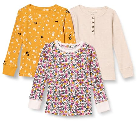 Amazon Essentials Girls' Long-Sleeved Knitted Thermal T-Shirt, Pack of 3, Beige/Mustard Yellow Floral/White Floral Print, 3 Years