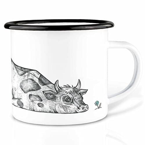 Ligarti Emaille Tasse (leicht & robust) | Camping Becher handveredelt in Deutschland | Trinkbecher für Kinder, Kaffeetasse, Emaillebecher | Essende Tiere (Rita, 500ml)