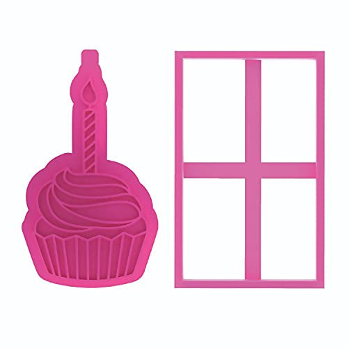 LissieLou Cupcake with Candle Cookie Cutter and Stamp Happy Birthday Icing Stamp Fondant Embosser - Light Pink