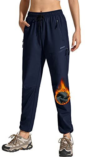 MOCOLY Damen Trekkinghose Thermo Skihose Winter Fleece Gefütterte Softshell Wanderhose Wasserdicht Warm Outdoor Hose Schneehose Langlaufhose Jagdhose Funktionshose Arbeitshose Navy Blau L