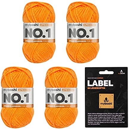 myboshi No.1 Wolle zum Häkeln und Stricken, Schnellstrickgarn, langlebige Mützenwolle, Strickwolle, Häkelwolle, mulesing-frei, Ll. 55m /50g, 30% Wolle (Merinowolle) Orange (Aprikose) 4 Knäuel