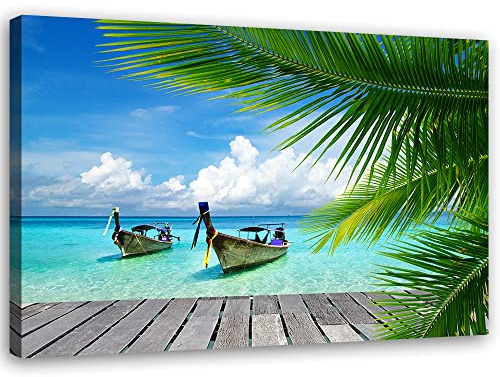 Feeby Vlies Leinwandbild XXL Strand Himmel Molen Meer; 120x80 cm Wandbild Kunst Bilder Schlafzimmer Deko Wohnzimmer Boote Exotische Insel Tropen Blau