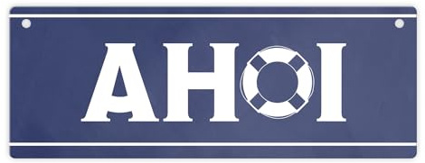 Metallschild L in 10,5x28cm mit maritimen Design - Ahoi Schriftzug mit Rettungsring Motiv
