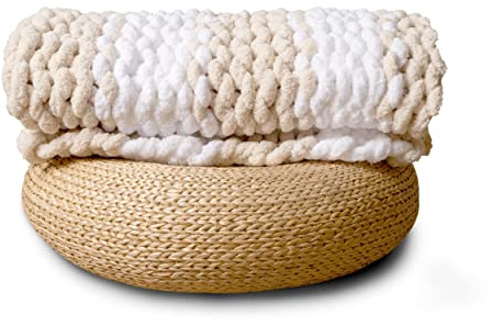 Adyrescia Grobstrickdecke, 100% handgestrickt, mit Jumbo-Chenille-Garn (127 x 152,4 cm, Hellbeige und weiße Streifen)