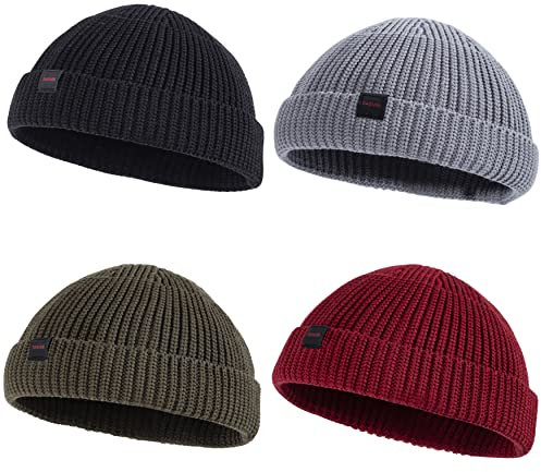 DASMINI Fischer-Beanie-Mützen für Herren und Damen, gestrickte Trawler-Totenkopfmütze, Uhrenkappe, Frühlingsherbst, Kurze Hüte, 4 Stück: Schwarz + Weingut + Grau + Olivgrün (M), 7/7 1/4