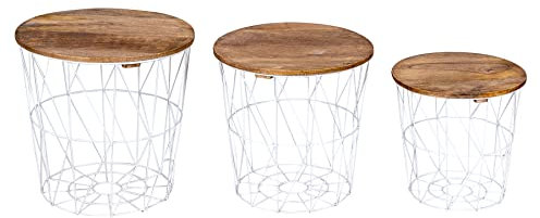 levandeo 3er Set Beistelltisch Metall Metallkorb Weiß Mango Couchtisch Holz Deckel Deko Aufbewahrung Design Tisch