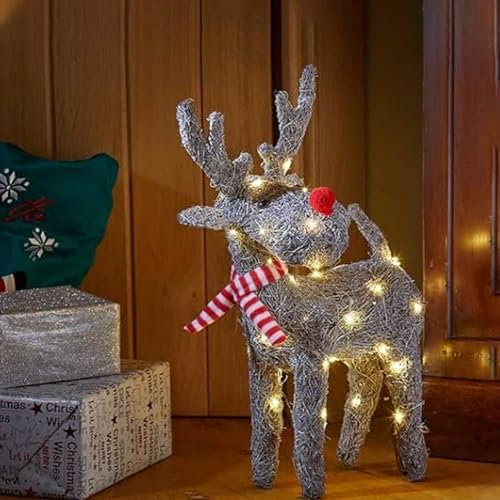 Marco Paul Interiors Weihnachts-Rattan-Leuchte, LED, beleuchtet das Rentier, Innen- und Außenbereich, Weihnachtsdekoration, LED-Beleuchtung, festliche rustikale Dekoration, vorbeleuchtet, stehend
