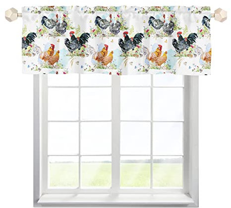 One Lover Huhn Blumen Scheibengardinen Bistrogardine mit Stangendurchzug Kurzstores Gardinen Landhausstil Cafehausgardine für Küche Wohnzimmer Landhaus Multicolor 137x45cm,1 Stück